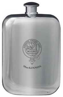 MacKinnon Family Crest Design Pocket Hip Flask 6oz Rounded Polished Pewter