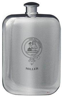 Miller Family Crest Design Pocket Hip Flask 6oz Rounded Polished Pewter
