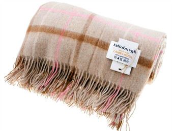 Lambswool Blanket In Pastel Beige Windowpane Design 145cm Wide
