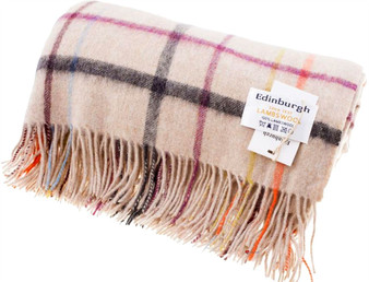 Lambswool Blanket In Beige Windowpane Design 145cm Wide