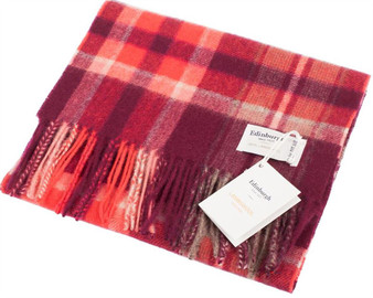 Unisex Lambswool Scarf In Henold Dark Red Coral Tartan Design 30cm Wide