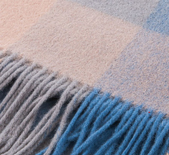 Unisex Lambswool Scarf In Blue Camel Check Design 30cm Wide