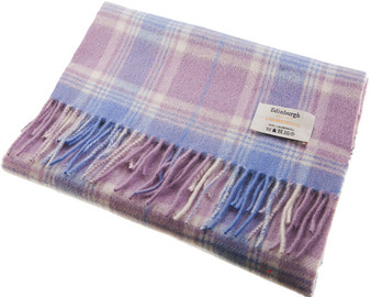 Unisex Lambswool Scarf In Light Blue Lilac Tartan Design 30cm Wide