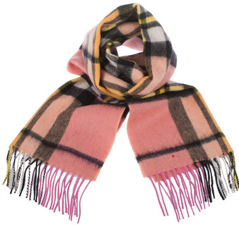 Unisex Lambswool Scarf In Raspberry Gold Tartan Design 30cm Wide