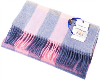 Unisex Lambswool Scarf In Blue Pink Yellow-Maxi Check Design 30cm Wide