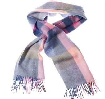 Unisex Lambswool Scarf In Blue Pink Yellow-Maxi Check Design 30cm Wide