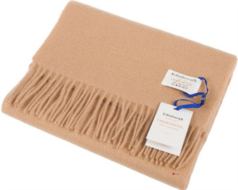 Unisex Lambswool Scarf In Camel Tartan Design 30cm Wide
