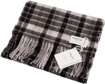 Unisex Lambswool Scarf In Duple Check Black Grey Design 30cm Wide