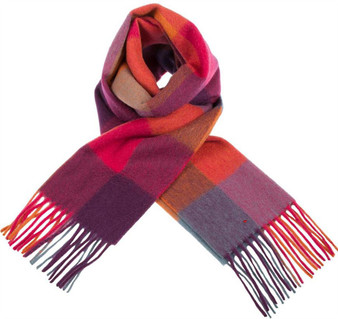 Unisex Lambswool Scarf In Orange Pink Checkers Tartan Design 30cm Wide