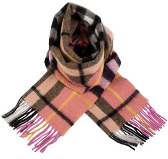 Unisex Lambswool Scarf In Raspberry Pink Tartan Design 30cm Wide