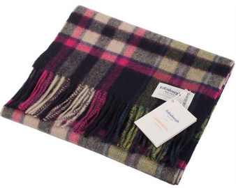 Unisex Lambswool Scarf In Navy Citronelle Radicchio Tartan Design 30cm Wide