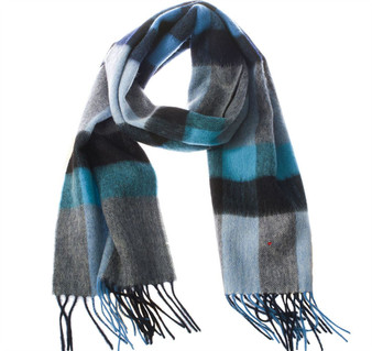 Unisex Lambswool Scarf In Navy Wedgewood Maxi Check Design 30cm Wide