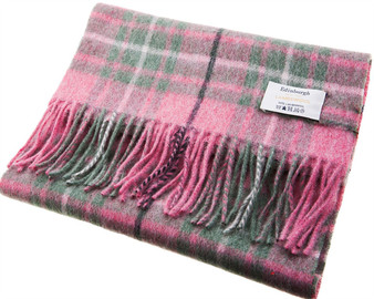 Unisex Lambswool Scarf In Muted Pink Green Tartan Design 30cm Wide