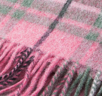 Unisex Lambswool Scarf In Muted Pink Green Tartan Design 30cm Wide