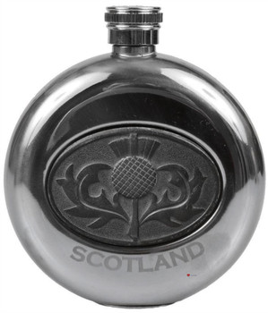 5oz Round Hip Flask With Scottish Thistle Emblem Design 5oz Round Hip Flask With Scottish Thistle Emblem Design