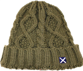 Scottish Tweed Cap Co Saltire Logo Cable Knit Beanie Olive Green Design Beanie Scottish Tweed Cap Co Saltire Logo Cable Knit Beanie Olive Green Design Beanie