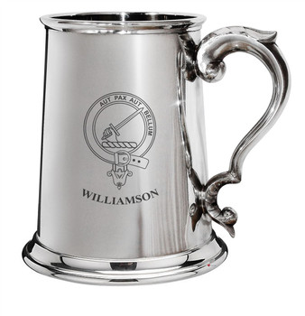 Williamson Family Crest Polished Pewter 1 Pint Tankard with Scroll handle Williamson Family Crest Polished Pewter 1 Pint Tankard with Scroll handle