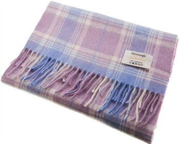 Unisex Lambswool Scarf In Light Blue Lilac Tartan Design 30cm Wide Unisex Lambswool Scarf In Light Blue Lilac Tartan Design 30cm Wide