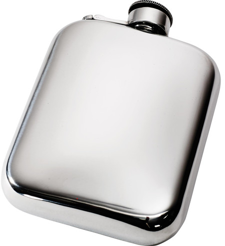Pocket Hip Flask 6oz Pewter Rounded with Polished Finish and Captive Top
