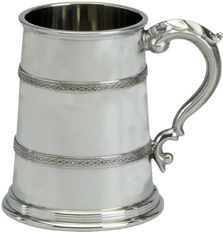 Pewter Tankard Celtic Design Double Band Polished Finish 1pt With Glass Base Great Gift