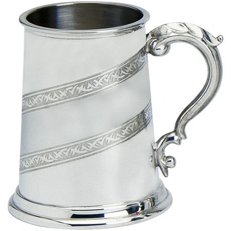 Pewter Tankard Handmade 1pt Diagonal Tribal Satin Band Polished Finish Ornate Great Gift