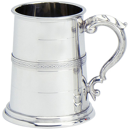 Pewter Tankard Handmade Scottish Stuart Banded Wide Base Polished 1pt Glass Base Great Gift