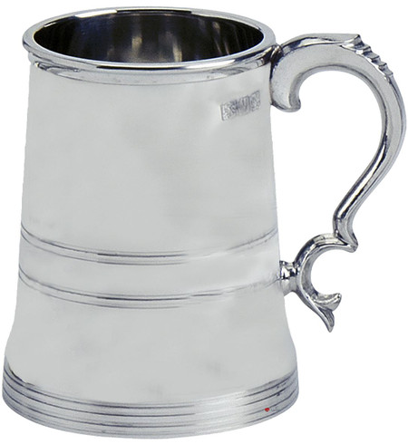 Pewter Tankard Kings Plain Shape Double Band Ornate Handle 1pt Great Gift