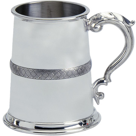 Pewter Tankard Handmade Embossed English Band Style Polished Finish 1pt Ornate Great Gift