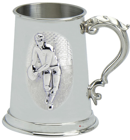 Pewter Tankard Embossed Rugby Union and League Scene Ornate Handle Great Gift