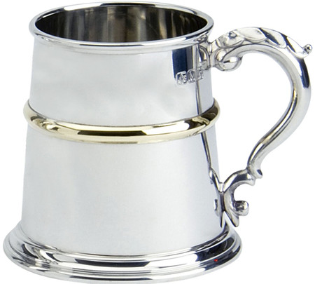 Pewter Tankard Traditional English Shape Brass Band Wide Base 1pt Polished Great Gift