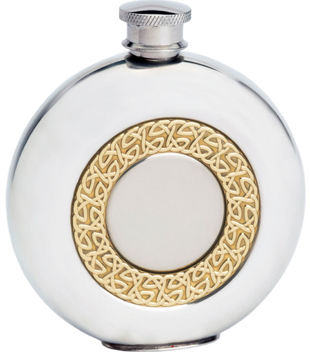 6oz Round Pewter Hip Flask with Brass Celtic Ring Insert Ideal Gift