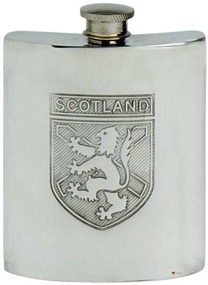 Pewter Hip Flask 6oz Scottish Rampant Lion Shield Screw Top Engravable on Back Great Gift