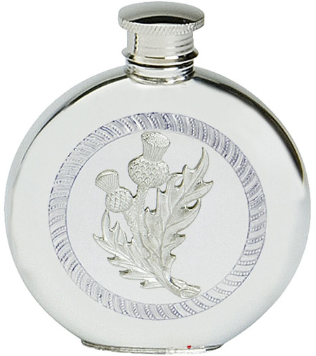 Pewter Hip Flask Thistle Scotland Round 6oz Screw Top Engravable On Back Great Gift