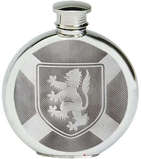 Pewter Hip Flask Round Lion Rampant Shield over Scottish Saltire Flag Great Gift