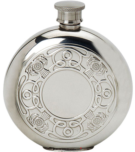 6oz Round Pewter Hip Flask With Embossed Celtic Thistle Design Ideal Gift
