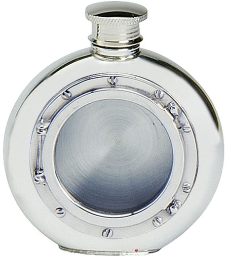Pewter 6oz Liquor Hip Flask Round with Clear Glass Ship s Porthole Insert