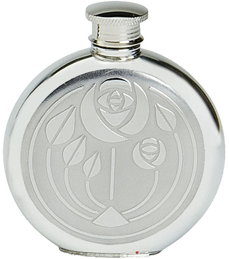 Pewter Hip Flask Round with Charles Rennie Mackintosh 6oz Glasgow Bouquet Design