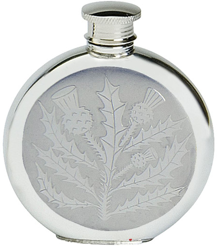 Pewter Hip Flask Round Scottish Classic Thistle Design 6oz Screw Top Engravable