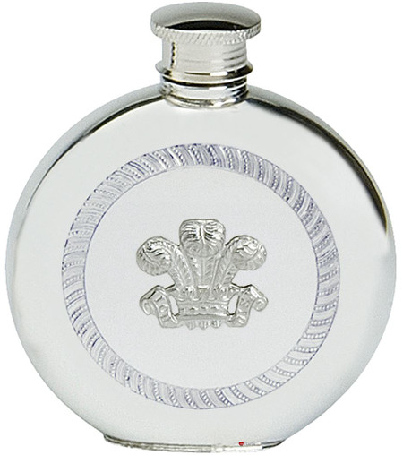 Pewter Hip Flask Welsh Prince Feather CYMRU Round 6oz Screw Top Engravable Great Gift