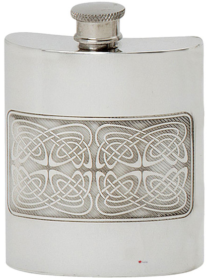 Pewter Hip Flask Celtic Scroll Banding 6oz Kidney Shape Screw Top Engravable Great Gift