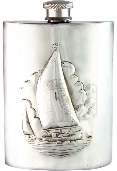 Classic Sailing Hip Flask 6oz Kidney Shape Engravable on Back Pewter Great Gift