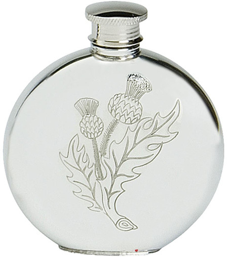 Pewter Round Flask Thistle Engraved 6oz Engravable on Back Screw Top Great Gift