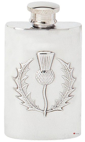 Scottish Thistle Hip Flask 2oz Kidney Shape Pewter Engravable On Back Great Gift