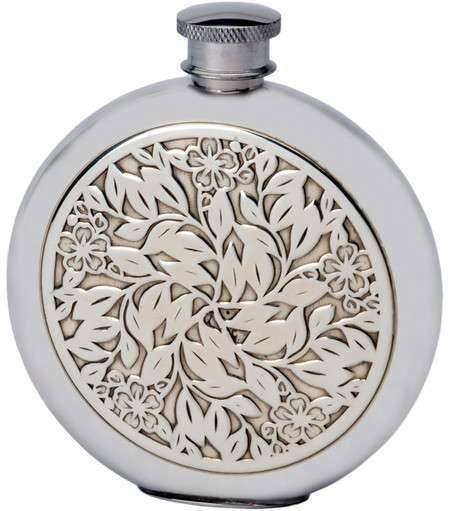 4oz Round Pewter Hip Flask With Embossed Flower and Leaf Design Ideal Gift