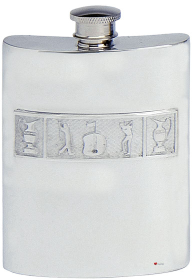 6oz Pewter Spirit Liquor Hip Flask - Kidney Shape with Golf Motif Panel … Great Gift