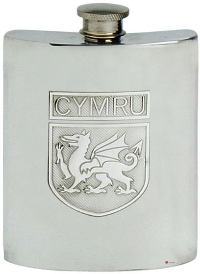 Pewter Hip Flask 6oz Traditional Welsh Shield CYMRU Screw Top Engravable on Back Great Gift