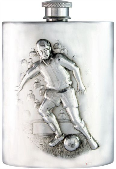 Pewter Hip Flask Football Soccer Scene 6oz Embossed Kidney Shaped Screw Top Great Gift