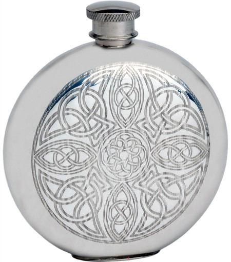 Pewter Round Flask Celtic Interlaced Design Engraved 6oz Engravable Screw Top Great Gift
