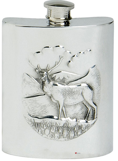 Highland Stag Hip Flask 6oz Kidney Shape Pewter Engravable on Back Great Gift