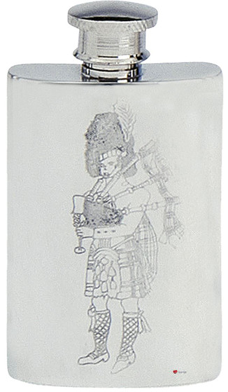 Scottish Piper Hip Flask 2oz Kidney Shape Pewter Screw Top Engravable on Back Great Gift